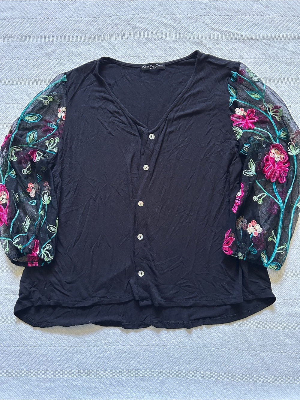 Kim & Cami Black Button-Front Top with Pink and Green Embroidered Sheer Sleeves